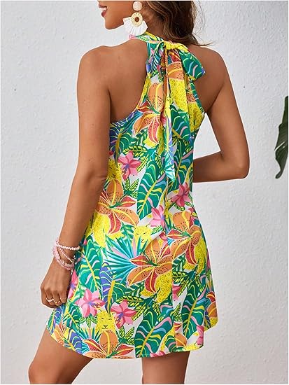 Women's Halter Neck Tropical Print Sleeveless A-Line Summer Dress