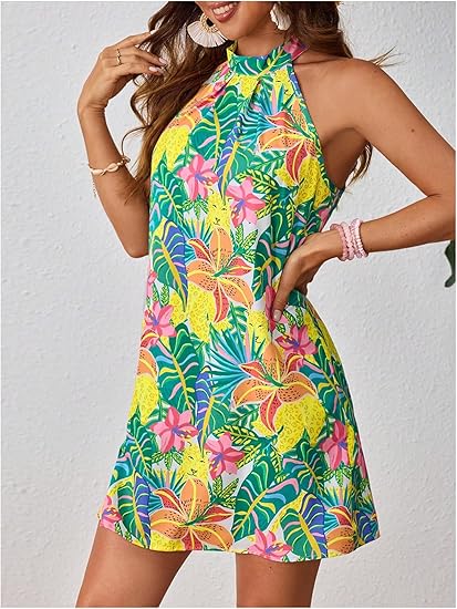 Women's Halter Neck Tropical Print Sleeveless A-Line Summer Dress