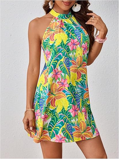 Women's Halter Neck Tropical Print Sleeveless A-Line Summer Dress