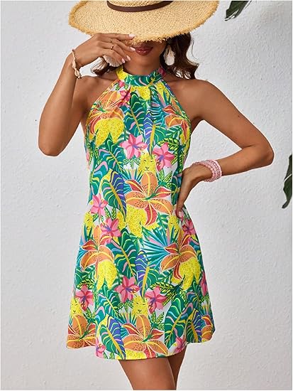 Women's Halter Neck Tropical Print Sleeveless A-Line Summer Dress