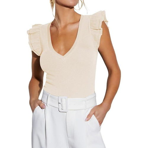 Women's Deep V Neck Ruffled Ribbed Knit Sleeveless Crop Top