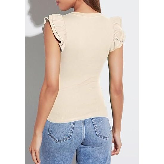 Women's Deep V Neck Ruffled Ribbed Knit Sleeveless Crop Top