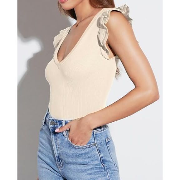 Women's Deep V Neck Ruffled Ribbed Knit Sleeveless Crop Top