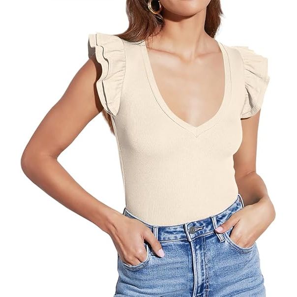 Women's Deep V Neck Ruffled Ribbed Knit Sleeveless Crop Top